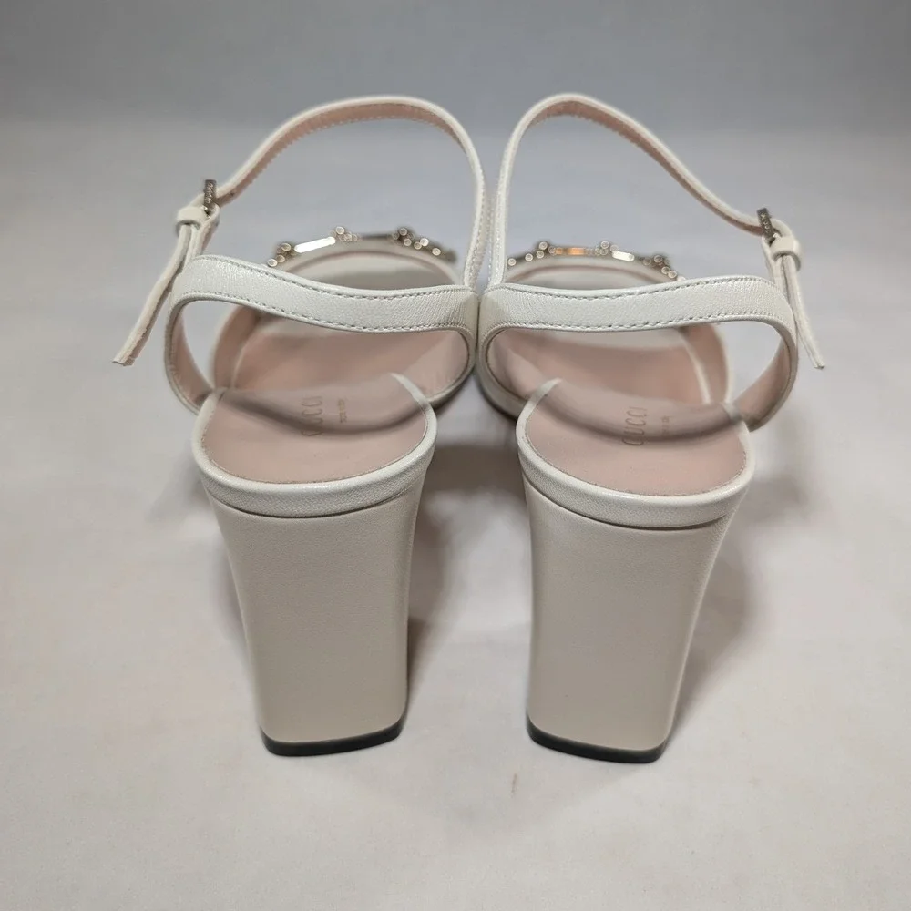 Gucci Horsebit Block Heel Sandals Cream Leather Gold Hardware IT 38